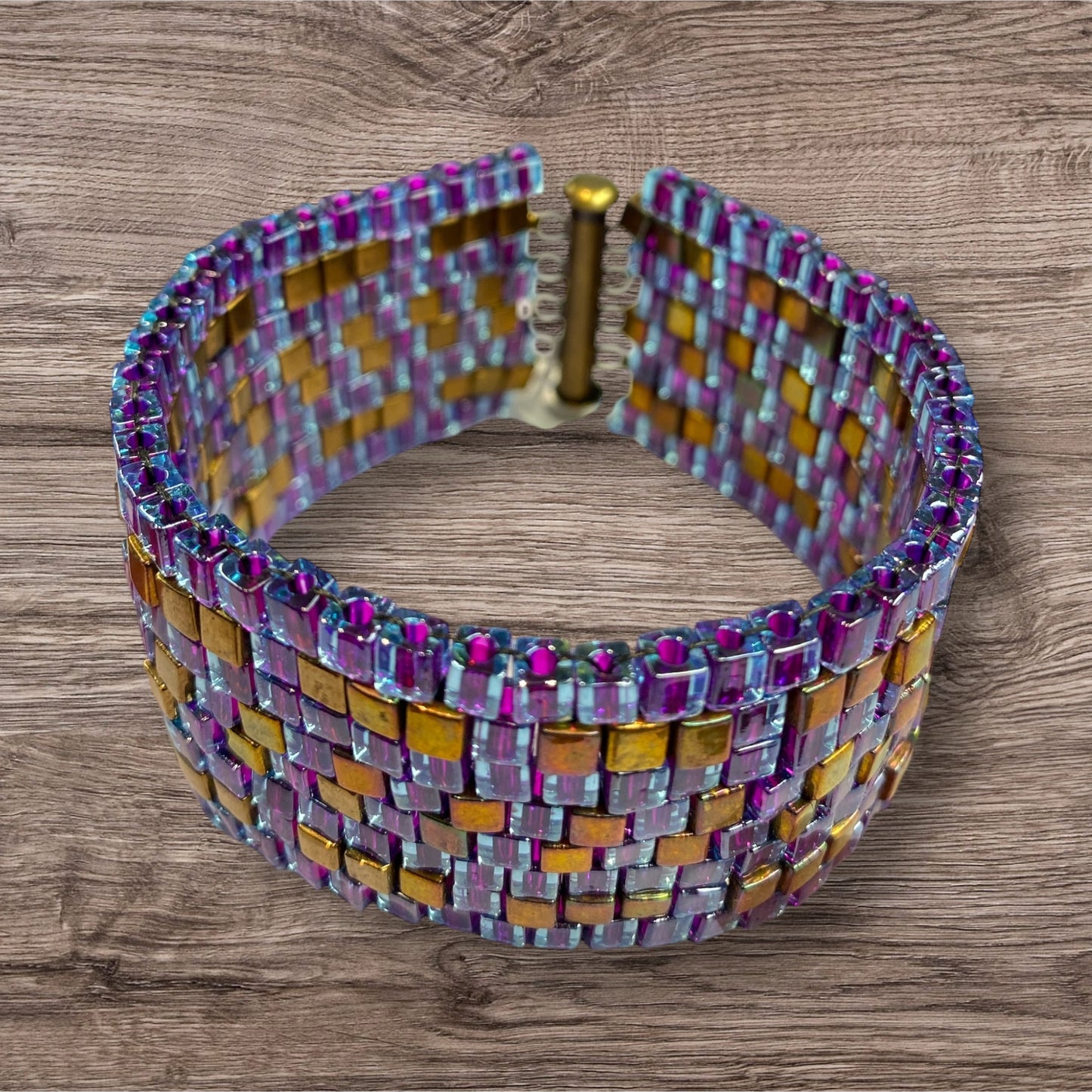 BeadHellion Bracelet- Violet & Bronze Cubes